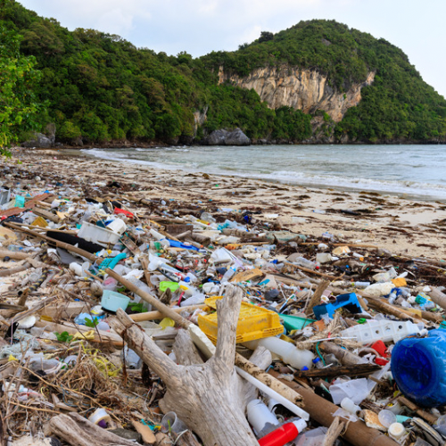 Littered beach with plastic waste